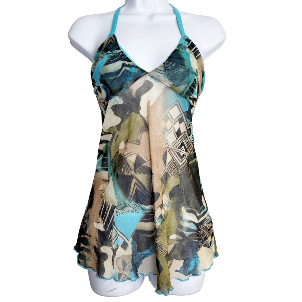 Clockhouse Halter Top Womens M Turquoise Abstract Mesh Sheer Y2K Lettuce Edge